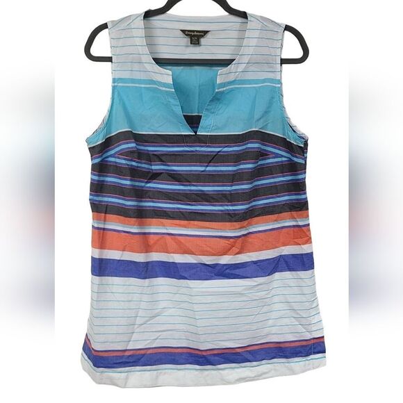 Tommy Bahama Ladies Aqua Blue Seaside Stripe Sleeveless Tunic Blouse Summer Top - Picture 11 of 11